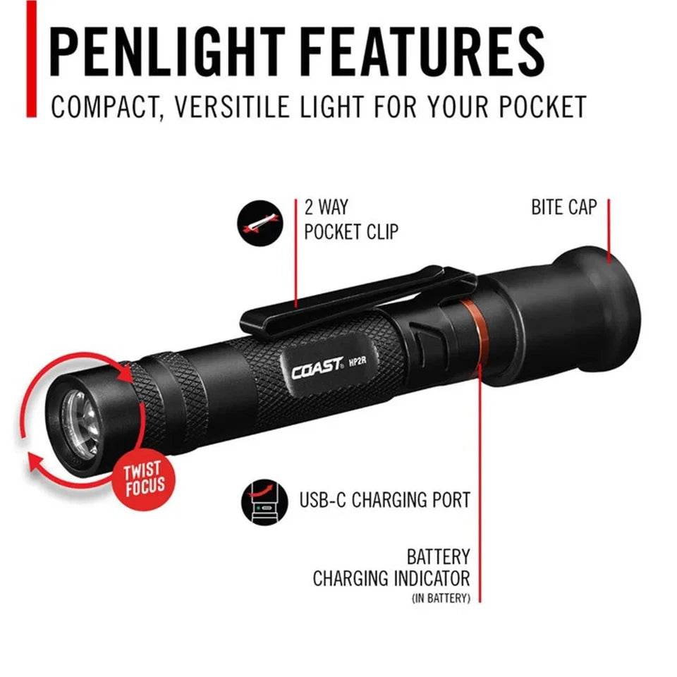 COAST Flashlights HP2R 280 Lumen Rechargeable Penlight with Twist Focus - Red