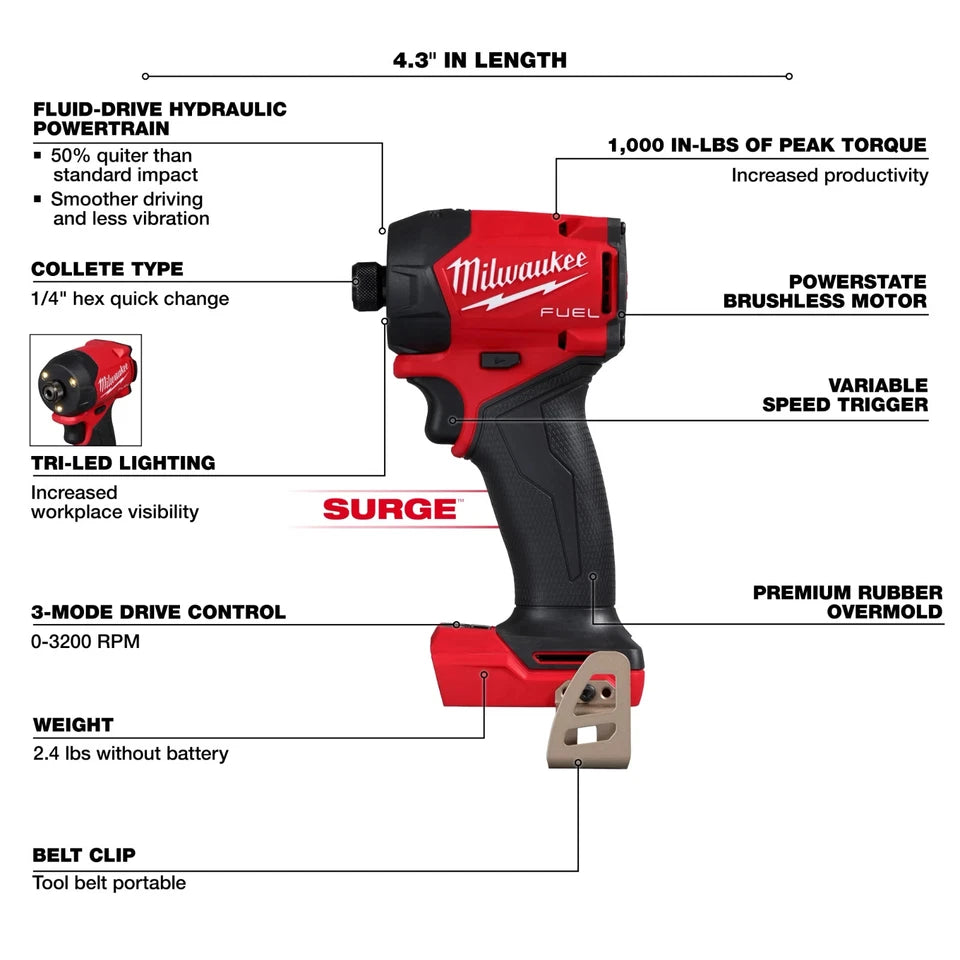 Milwaukee 2761-20 M18 FUEL 18V SURGE 1/4" Hex Hydraulic Driver + FREE Titan Adapter 1/4" - 3/8" Drive