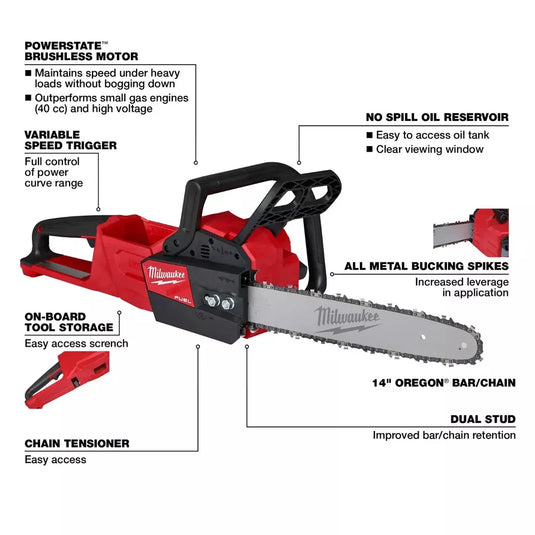 Milwaukee 2727-20 M18 FUEL 16 in. 18V Lithium-Ion Brushless Battery Chainsaw + Free 5.0 Battery