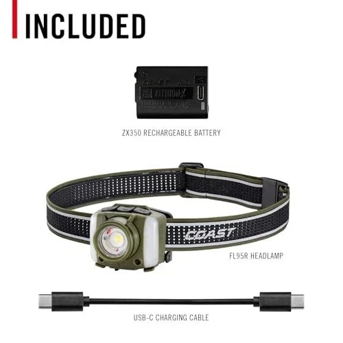 Coast 31299 FL95R 1250 Lumen Rechargeable Plus LED Headlamp Green Red Area Light Mode