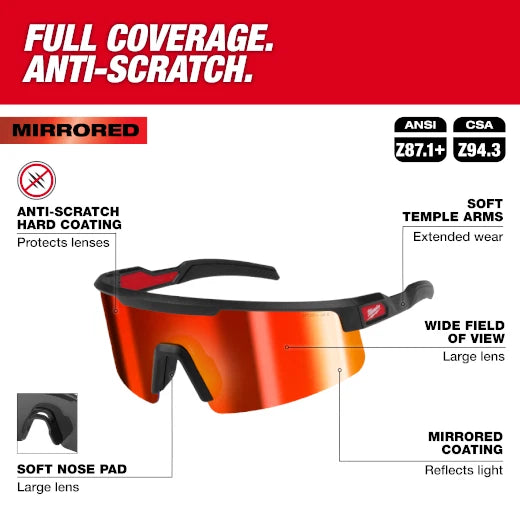 Milwaukee 48-73-2500 Wrap Around Safety Glasses Red Mirrored Anti-Scratch Lenses