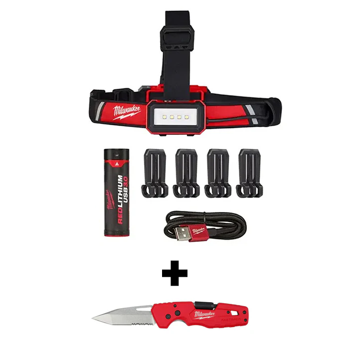 Load image into Gallery viewer, Milwaukee 2115-21 LED Rechargeable Headlamp 600 Lumens + FASTBACK 5-n-1 Folding Knife
