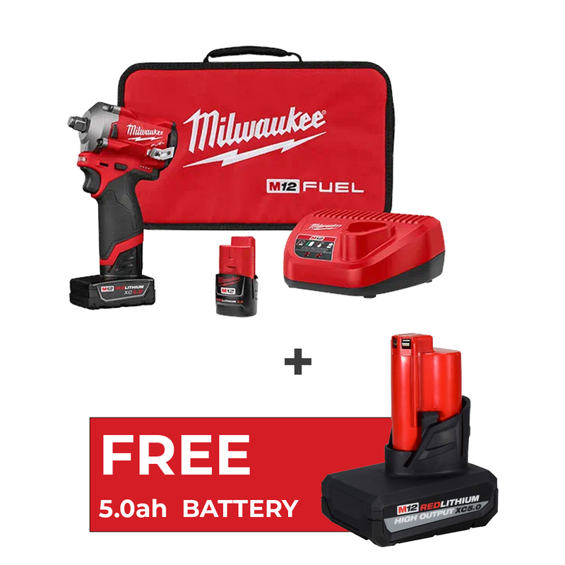 Load image into Gallery viewer, Milwaukee 2555-22 M12 Fuel 1/2&quot; Impact Wrench Kit + Free 5.0 Battery
