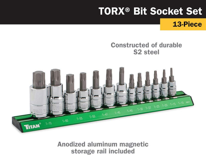 Titan 16122 13pc Torx S2 Steel Bit Socket Set with Magnetic Storage Rail