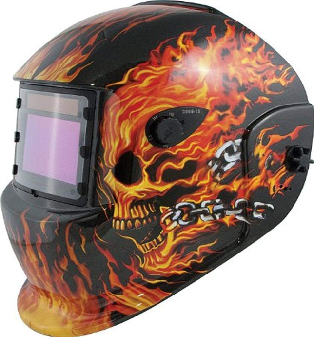 Titan 41266 Wide-View Solar Powered Auto Darkening Welding Helmet FLAMING SKULL