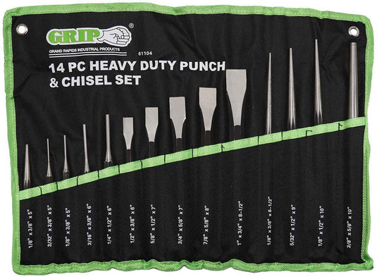 GRIP 61104 14 pc Heavy Duty Punch & Chisel Set - Center Punch, Pin Punches, Cold Chisels, Taper Punches - Heavy Duty Storage Pouch - High Carbon Steel