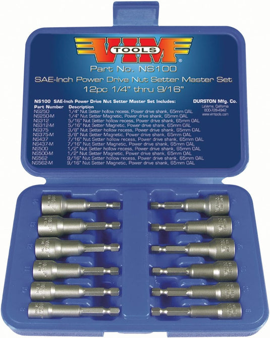 Vim Tools NS100 12pc SAE Nut Setter Master Set 1/4" Hex Shank