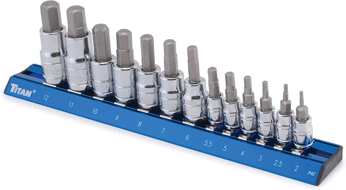 Titan 16124 13pc Metric S2 Steel Hex Bit Socket Set With Rail