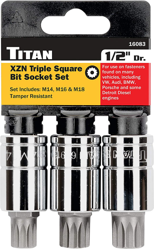 Titan 16083 3pc 1/2" Dr. XZN Tamper Resistant Triple Square Bit Socket Set