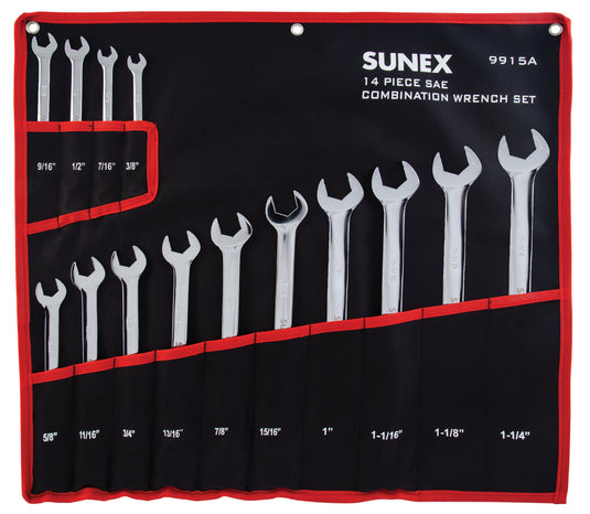SUNEX 9915A 14 PIECE SAE FULL POLISHED V-GROOVE COMBINATION WRENCH SET