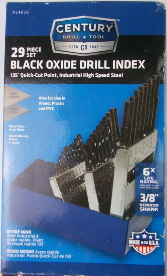 Century Drill and Tool 24038 29pc Black Oxide Drill Index - 3/8" Reduced Shank