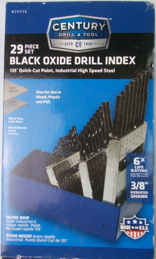 Century Drill and Tool 24038 29pc Black Oxide Drill Index - 3/8" Reduced Shank