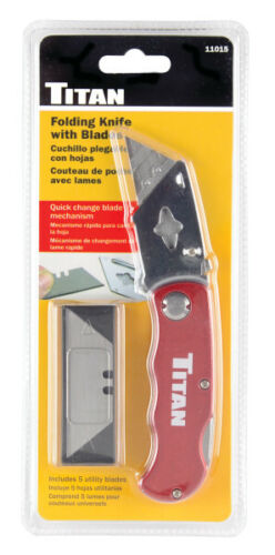 Titan 11015 Folding Utility Knife Box Cutter w/ 5pc Blade Pack RED